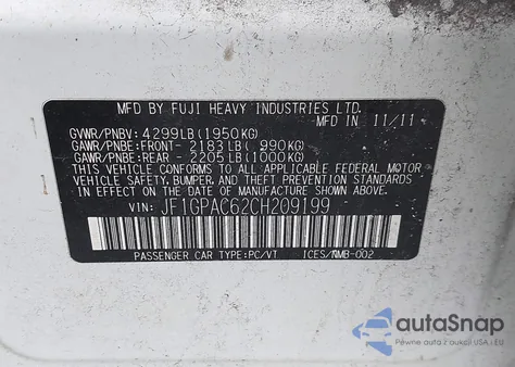 2012 Subaru Impreza 2.0I Premium from USA, damaged, VIN JF1GPAC62CH209199